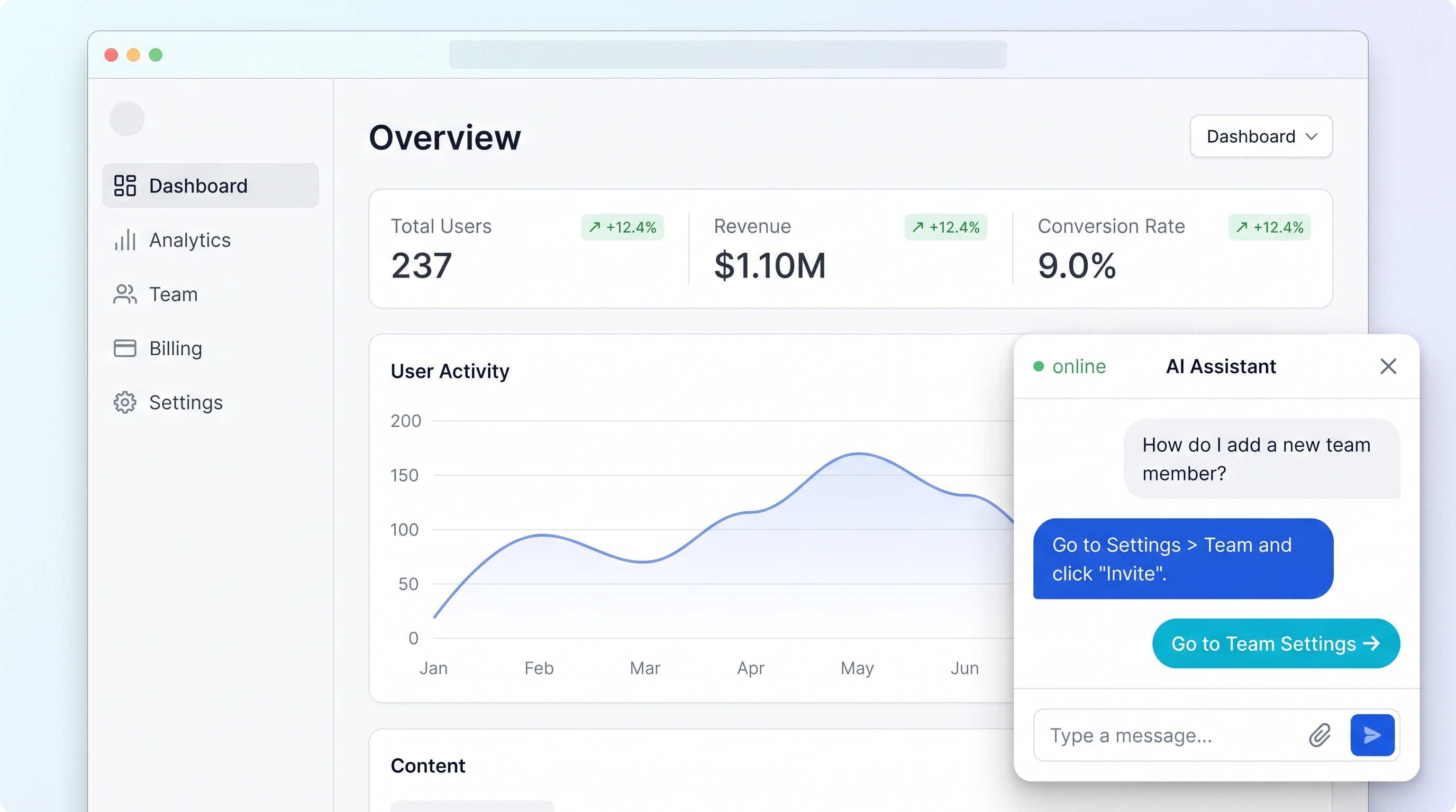 SefyBot widget replying to a visitor's question inside a dashboard